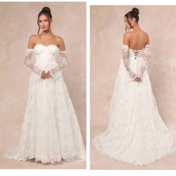 Lulus Maurine White Lace Off-the-Shoulder Bustier Maxi Wedding Dress Size Large